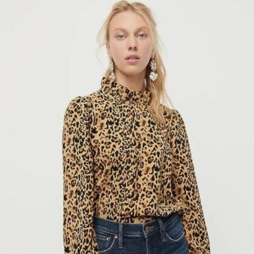 J.Crew Long-Sleeve Ruffleneck Top in Leopard 365 Crepe